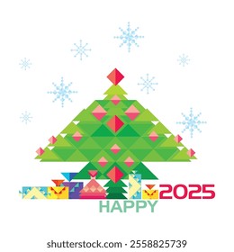 2025 happy new year. Christmas tree with balloons and snowflakes. Gifts for New Year and Christmas holidays. Vector polygonal illustrations