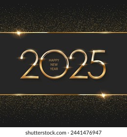 2025 Happy New Year clock countdown background. Gold glitter shining in light with sparkles abstract celebration. Greeting festive card vector illustration. Merry holiday poster or wallpaper design.