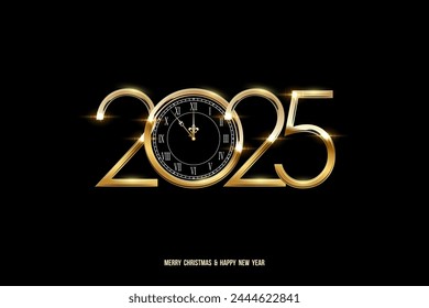 2025 Happy New Year clock countdown on black background. Gold shining watch with numbers for winter celebration. Greeting festive card vector illustration, holiday poster or wallpaper design.