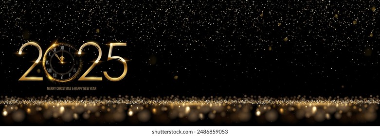 2025 Feliz Año Nuevo reloj cuenta atrás de fondo. Reloj de oro con brillo brillante en la luz con destellos de celebración abstracta. Ilustración vectorial de tarjeta festiva de felicitación. Diseño de póster de Feliz Navidad.