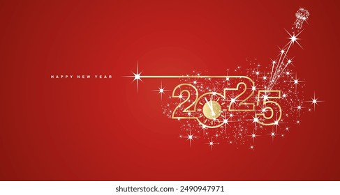 2025 Happy New Year. Clock countdown. 2025 in the form of a line design with champagne cork with shining sparkle firework golden white red banner vector