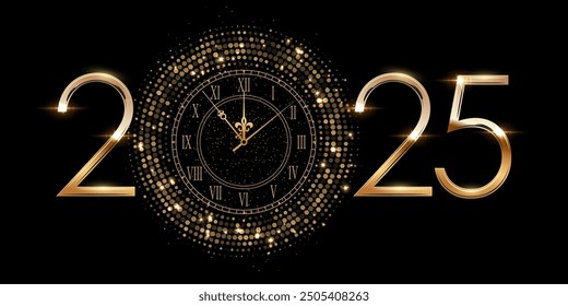 2025 Happy New Year clock countdown background. Gold glitter shining in light with sparkles abstract celebration. Greeting festive card vector illustration. Square holiday poster or wallpaper design.