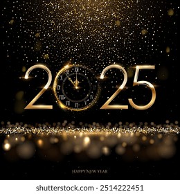 2025 Happy New Year clock countdown background. Gold glitter shining in light with sparkles abstract celebration. Greeting festive card vector illustration. Square holiday poster or wallpaper design.