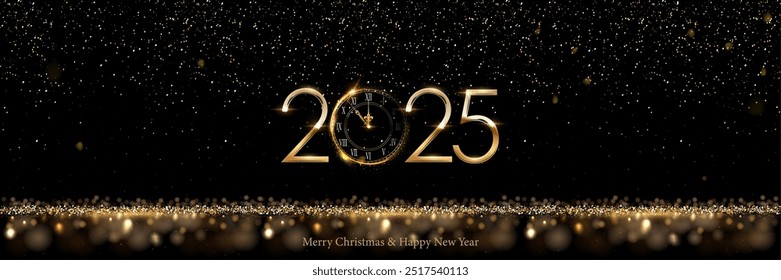 2025 Happy New Year clock countdown background. Gold clock with glitter shining in light with sparkles abstract celebration. Greeting festive card vector illustration. Merry holiday poster design.