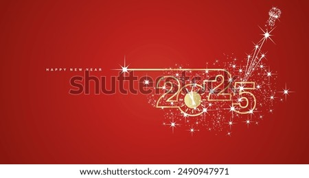 2025 Happy New Year. Clock countdown. 2025 in the form of a line design with champagne cork with shining sparkle firework golden white red banner vector