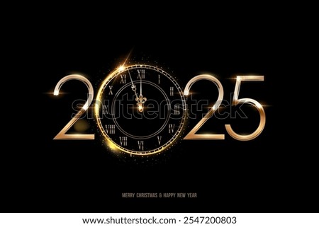 2025 Happy New Year clock countdown on black background. Gold shining watch with numbers for winter celebration. Greeting festive card vector illustration, holiday poster or wallpaper design.