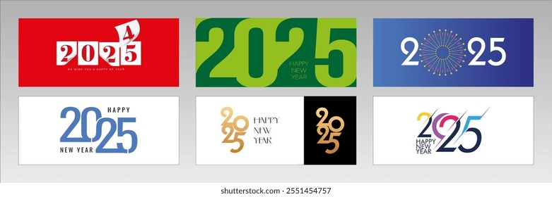 2025 Frohes neues Jahr buntes Logo Text Designs 6 Stücke Vektor Designs auf weißem Hintergrund. Logos 2025