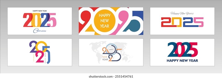 2025 Feliz año Nuevo diseños de texto de logotipo de colores 6 piezas diseños de Vector sobre fondo blanco. Logos de 2025