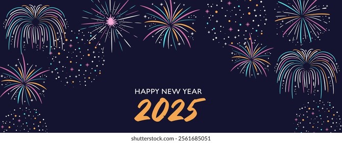 2025 Happy New Year. Colorful fireworks on blue background. Holiday banner template. 