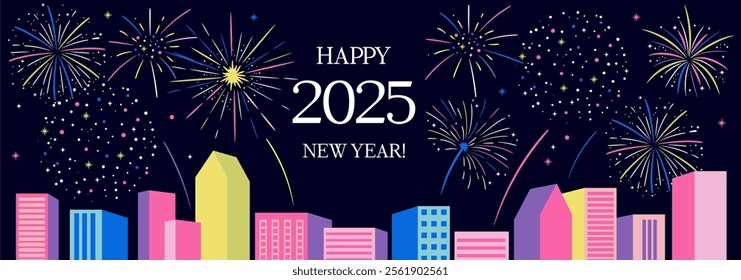 2025 Happy New Year. Colorful fireworks on sky and city landscape background. Holiday banner template. 