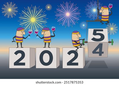 2025 Feliz año nuevo concepto de personajes de dibujos animados que giran en bloque reemplazando el antiguo número 4 con el nuevo número 5 y levantando un vaso de alegría para un año nuevo con fuegos artificiales