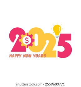 2025 Happy New Year Creative Concept with Light Bulb and Dollar Gear
