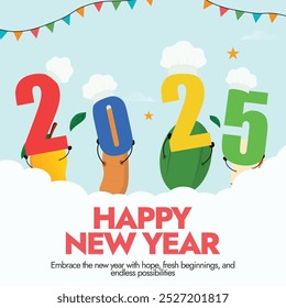 2025 Happy new year. New year 2025 cute banner with different vegetables and fruits wearing chef's hat holding colourful numbers of 2, 0, 2, 5. Celebrations all over the world post, wallpaper design.