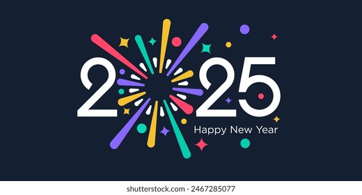 2025 Feliz año Nuevo Vector de diseño. fuegos artificiales coloridos y Plantilla de diseño de moda año nuevo 2025.