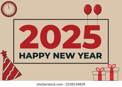 2025 happy new year design with retro look and icons around