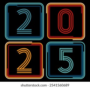 2025 Happy New Year Design Vektor. trendige neue Jahr 2025 Design-Vorlage. Einfache und elegante 2025 Neujahr noch Urlaub Hintergrund Design. Vintage Striped Style, Poster, Banner Samples, Retro, 80s 