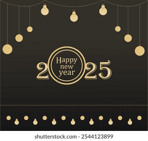 2025 Happy New Year design vector. Gold number with gold confetti on dark background. colorful fireworks, gold balls and trendy new year 2025 design template. Greeting Card. Vector Illustration.