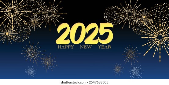 2025 Happy New Year design vector. colorful fireworks and trendy new year 2025 design template. Celebration New Year's Eve. Golden fireworks on dark night sky background. Vector illustration