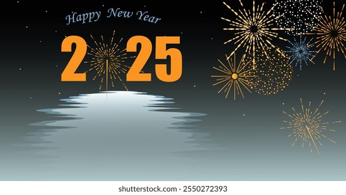 2025 Happy New Year design vector. colorful fireworks and trendy new year 2025 design template. Celebration New Year's Eve. Golden fireworks on dark night sky background. Vector illustration