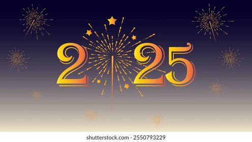 2025 Happy New Year design vector. colorful fireworks and trendy new year 2025 design template. Celebration New Year's Eve. Golden fireworks on dark night sky background. Vector illustration