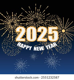 2025 Happy New Year design vector. colorful fireworks and trendy new year 2025 design template. Celebration New Year's Eve. Golden fireworks on dark night sky background. Vector illustration