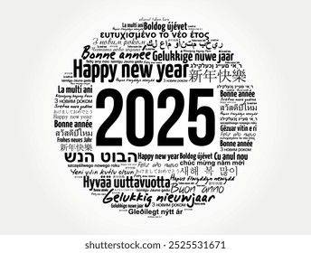 2025 Happy New Year in different languages, celebration word cloud greeting card