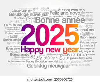 2025 Happy New Year in different languages, celebration word cloud greeting card