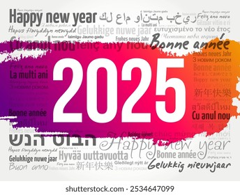 2025 Happy New Year in different languages, celebration word cloud greeting card