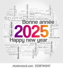 2025 Happy New Year in different languages, celebration word cloud greeting card