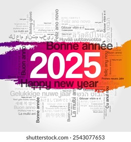 2025 Happy New Year in different languages, celebration word cloud greeting card