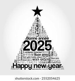 2025 Happy New Year in different languages, celebration word cloud greeting card in the shape of a christmas tree
