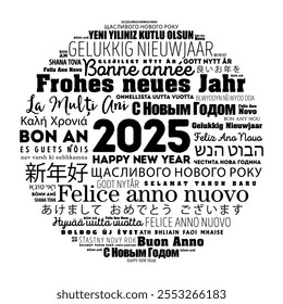 2025 Happy New Year in different languages, celebration word cloud greeting card