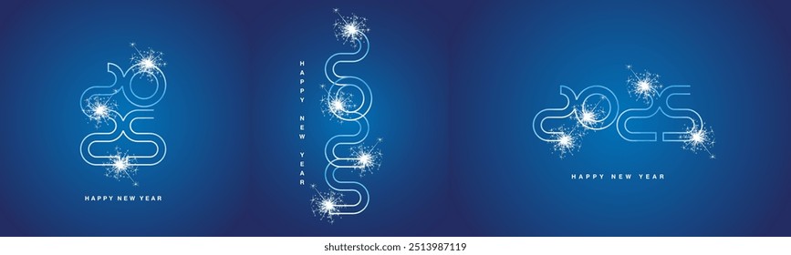 2025 Happy New Year event ultra modern neon line design numbers typography. Set collection of 2025 white blue icon logo with sparkle firework for calendar, poster, banner and social media template