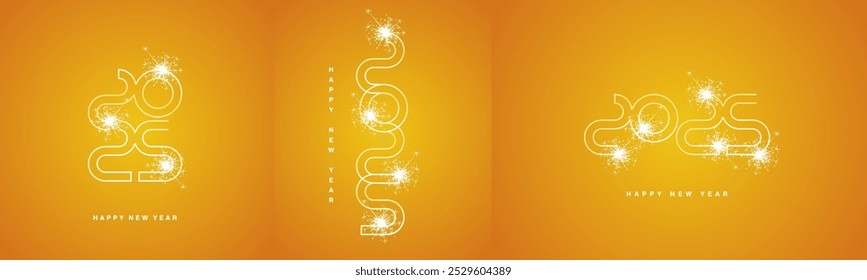 2025 Happy New Year Event ultramoderne Neon Line Design Zahlen Typografie. Set Kollektion von 2025 weiß orange gelb Symbol Logo mit funkelndem Feuerwerk für Kalender, Poster und Social Media Vorlage