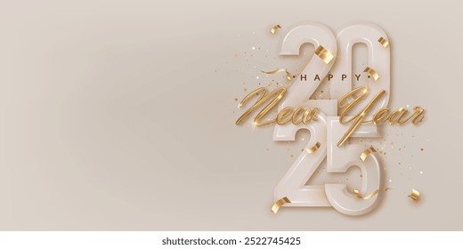 2025 Happy New Year festive horizontal banner template. Greeting Christmas card design with congratulations. Realistic golden metal lettering with confetti