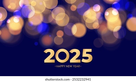 2025 Happy New Year festive banner. Gold and blue colors. Bright blurred bokeh lights. Vector illustration.