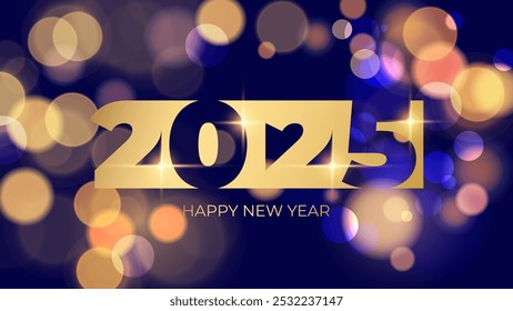 2025 Happy New Year festive banner. Bright blurred bokeh lights. Vector illustration.