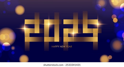 2025 Happy New Year festive banner. New Year 2025 holiday background. Bright bokeh lights. Gold color. Vector illustration.