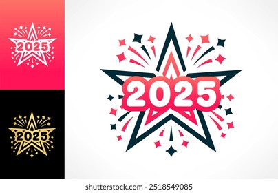 2025, feliz Ano Novo. Design vetorial de fogos de artifício e estrelas