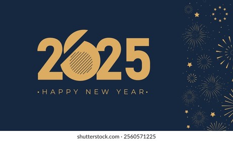 2025 Happy New Year Fireworks gold border stars Web Banner design. Happy New Year Wishes Greetings Background Template. Happy New Year 2025