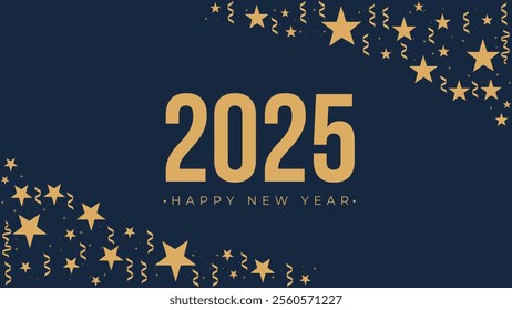 2025 Happy New Year Fireworks gold border stars Web Banner design. Happy New Year Wishes Greetings Background Template. Happy New Year 2025