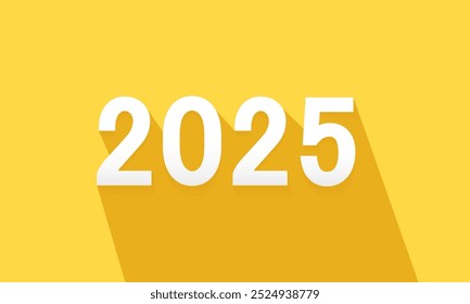 2025 Feliz año Nuevo diseño plano con sombra larga. Icono de texto 3D 2025 sobre fondo amarillo. Diseño de fondo de año nuevo 2025 de moda para saludo y celebración.