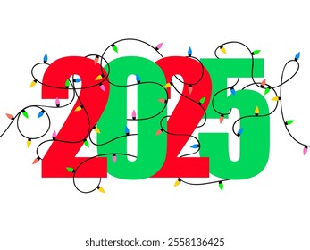 2025 Happy New Year. Garland of multi-colored light bulbs wrapping around the numbers 2025 in red and green colors. Christmas lighted garland. Design for posters and banners. Vector illustration