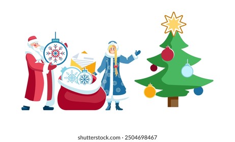 2025 happy new year. Gifts for the New Year and Christmas holidays. Snow Maiden and Santa Claus put greeting cards and New Year's toys in a bag, a banner. Elements for the calendar.Vector illustration