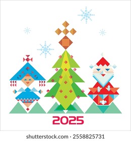 2025 happy new year. Gifts for New Year and Christmas holidays. Snow Maiden and Santa Claus Christmas toys , bag, banner. Vector polygonal illustrations