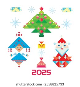 2025 happy new year. Gifts for New Year and Christmas holidays. Snow Maiden and Santa Claus Christmas toys , bag, banner. Vector polygonal illustrations