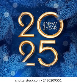 2025 Happy New Year gold metal 3D text with fir tree branches. Holiday celebration banner