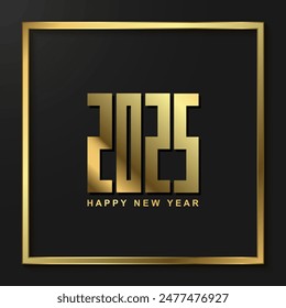 2025 Happy new year. with gold line on square background