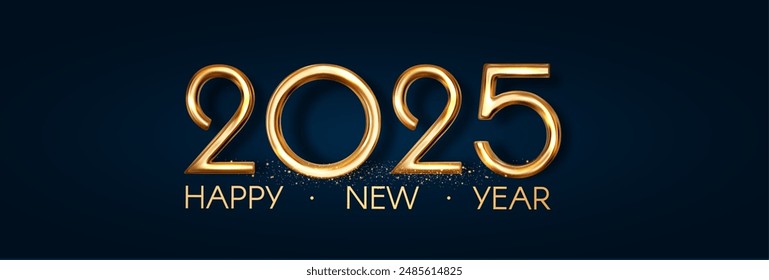 2025 Happy New Year gold metal 3D text. Holiday celebration banner.