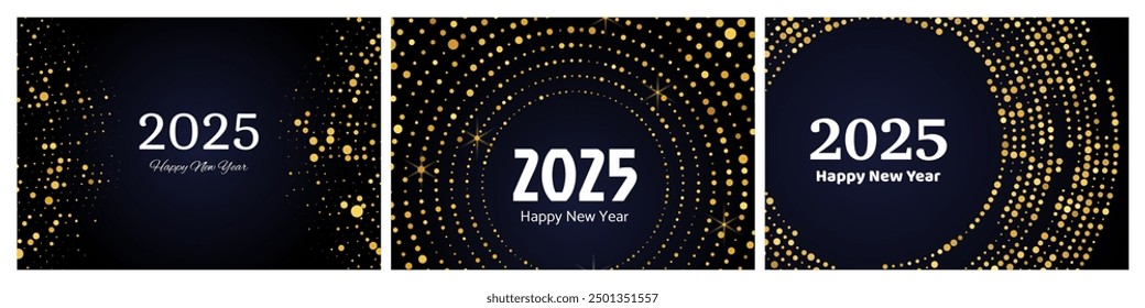 2025 Happy New Year of gold glitter pattern in circle form. Set of three abstract gold glowing halftone dotted backgrounds for Christmas holiday greeting card on dark background. Vector illustration